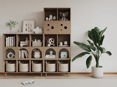 Minimalist Wooden Bookcase With Multiple Compartments Books Decorative Items Wicker Baskets And Large Green Plant 3d model