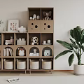 Minimalist Wooden Bookcase With Multiple Compartments Books Decorative Items Wicker Baskets And Large Green Plant