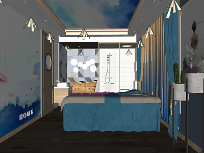 SPA Sauna Interior Design With Blue Massage Bed Soft Lighting And Green Plants 3d model