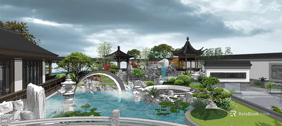 Traditional Chinese Courtyard Garden With Black Tiled Pavilions Stone Arch Bridge And Lotus Pond 3d model 
