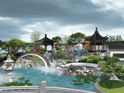 Traditional Chinese Courtyard Garden With Black Tiled Pavilions Stone Arch Bridge And Lotus Pond 3d model