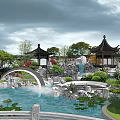 Traditional Chinese Courtyard Garden With Black Tiled Pavilions Stone Arch Bridge And Lotus Pond