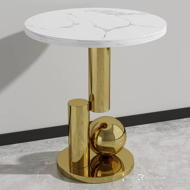 Elegant Modern Coffee Table With White Marble Top And Golden Cylindrical Spherical Legs 3d model 