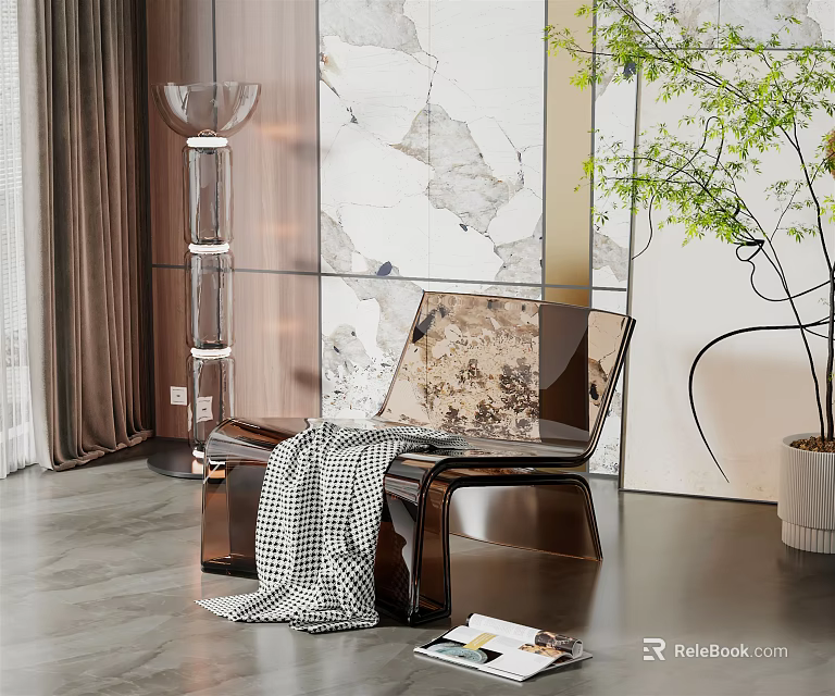 Stylish Modern Leisure Chair with Plaid Blanket and Magazine Against Marble Wall and Green Plant 3d model 