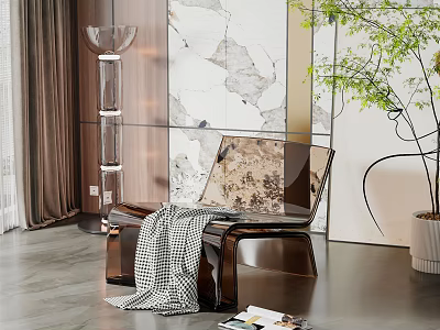 Stylish Modern Leisure Chair with Plaid Blanket and Magazine Against Marble Wall and Green Plant 3d model