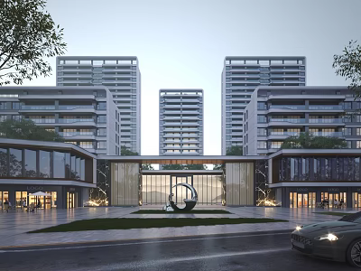 Illuminated Modern Commercial Street With High Rise Low Rise Buildings Plaza Sculpture And Trees 3d model