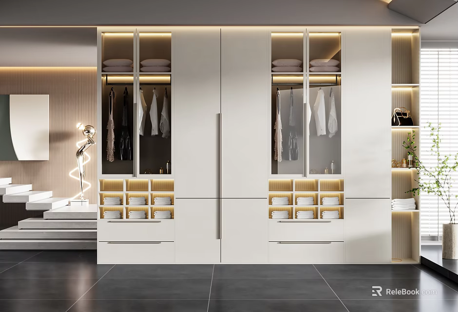 Modern White Built in Wardrobe With Glass Doors Hanging Area And Drawers 3d model 