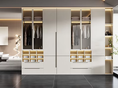 Modern White Built in Wardrobe With Glass Doors Hanging Area And Drawers 3d model