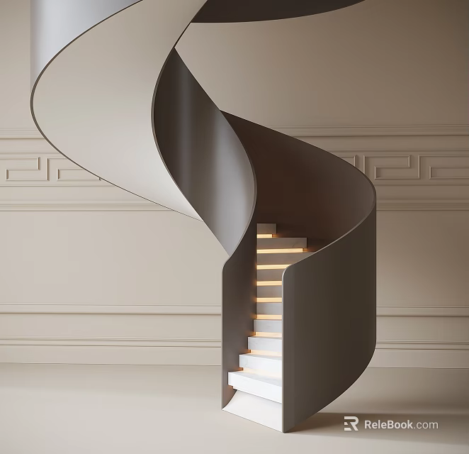 Modern Spiral Staircase Design With White Steps And LED Lights On Decorative Panel Walls 3d model