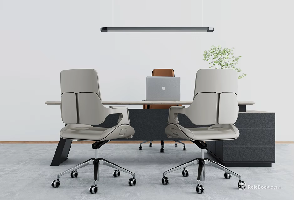 Modern Office Desk With Laptop Two Gray Swivel Chairs Hanging Lamp And Potted Plant 3d model 