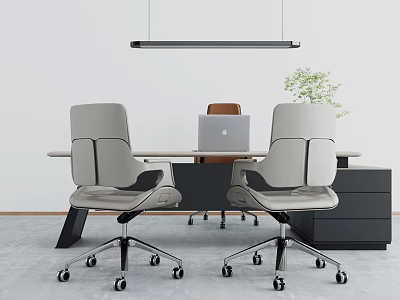 Modern Office Desk With Laptop Two Gray Swivel Chairs Hanging Lamp And Potted Plant 3d model
