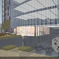 Modern Commercial Street Design Featuring Glass Facades Pedestrians Shop Windows And Greenery