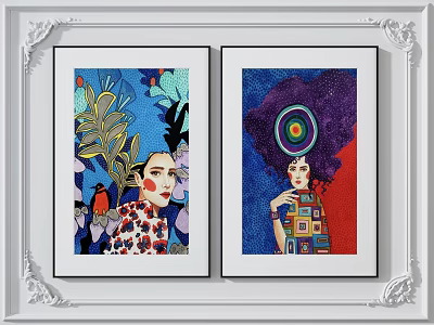 Two Framed Artworks With Colorful Female Portraits And Vibrant Patterns Blue Red Backgrounds 3d model