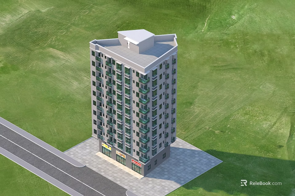 Modern Multi Story Residential Building With Ground Floor Shops And Green Lawn 3d model 