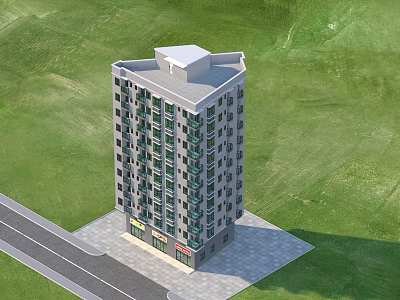 Modern Multi Story Residential Building With Ground Floor Shops And Green Lawn 3d model