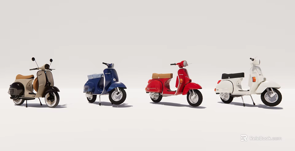 Vintage Motor Scooters In Various Colors Lined Up For Display On White Background 3d model 