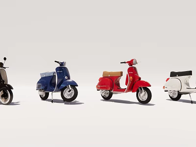 Vintage Motor Scooters In Various Colors Lined Up For Display On White Background 3d model