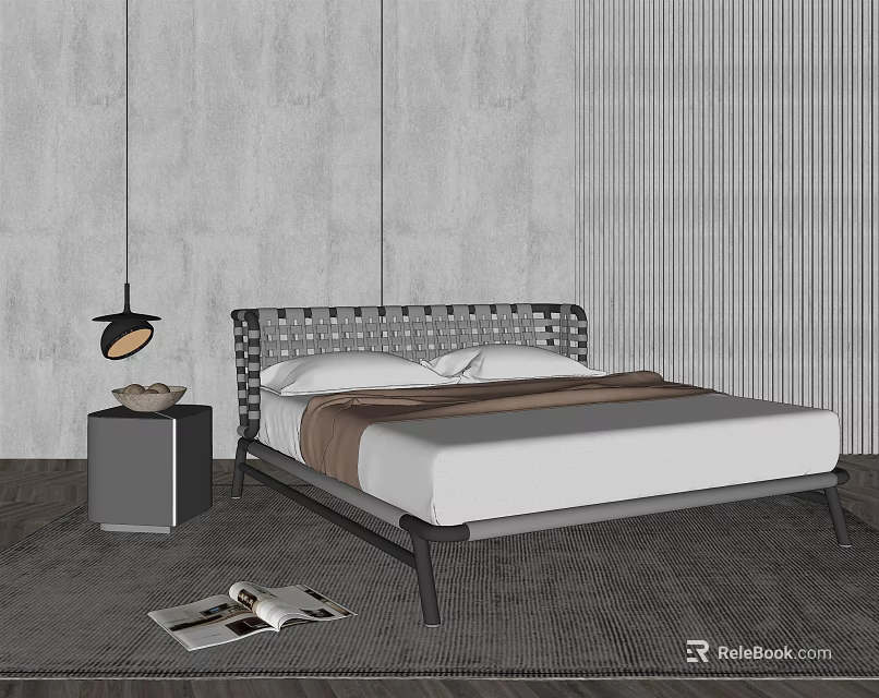 Modern Double Bed With Woven Headboard White Brown Linens Grey Nightstand And Black Pendant Light 3d model 