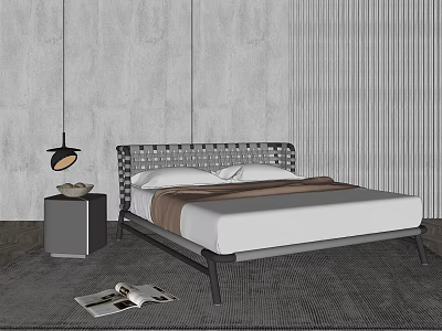 Modern Double Bed With Woven Headboard White Brown Linens Grey Nightstand And Black Pendant Light 3d model