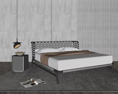 Modern Double Bed With Woven Headboard White Brown Linens Grey Nightstand And Black Pendant Light 3d model