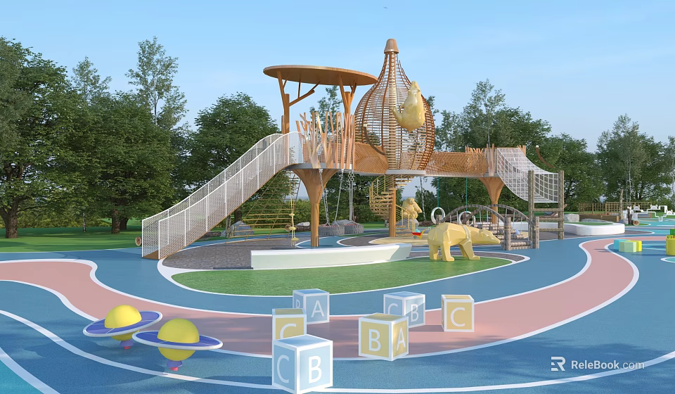 Outdoor Wooden Playground Equipment With Slide Climbing Net Alphabet Blocks Animal Figures And Green Trees 3d model 