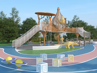 Outdoor Wooden Playground Equipment With Slide Climbing Net Alphabet Blocks Animal Figures And Green Trees 3d model