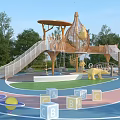 Outdoor Wooden Playground Equipment With Slide Climbing Net Alphabet Blocks Animal Figures And Green Trees