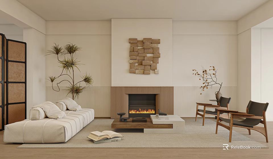 Modern Living Room Interior Design With White Sofa Fireplace Wooden Accent Wall And Plants 3d model 