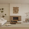 Modern Living Room Interior Design With White Sofa Fireplace Wooden Accent Wall And Plants
