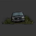 Old Dirty SUV Parked On Wet Ground With Weeds And Ferns Around