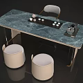 Modern Tea Table And Chairs With Marble Top Metal Legs And Beige Stools