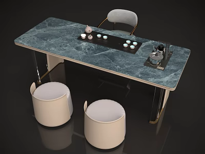 Modern Tea Table And Chairs With Marble Top Metal Legs And Beige Stools 3d model
