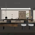 Tranquil Tea Room Interior With Long Wooden Table Benches Stools Wooden Bookshelf And Potted Plant