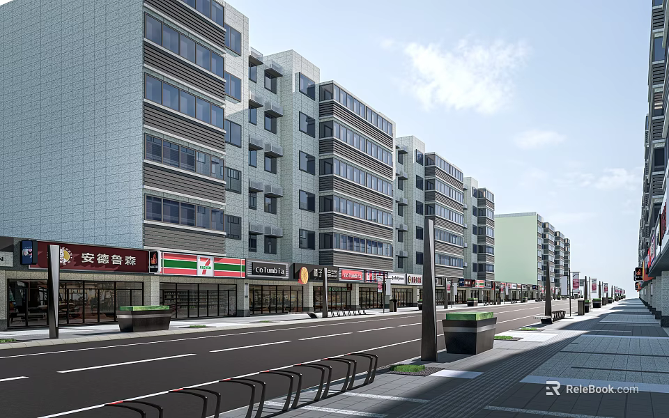 Modern Commercial Street With Multi Storey Buildings Shops And Street Facilities 3d model 