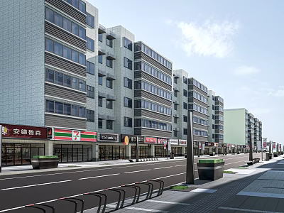 Modern Commercial Street With Multi Storey Buildings Shops And Street Facilities 3d model