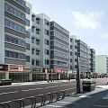 Modern Commercial Street With Multi Storey Buildings Shops And Street Facilities