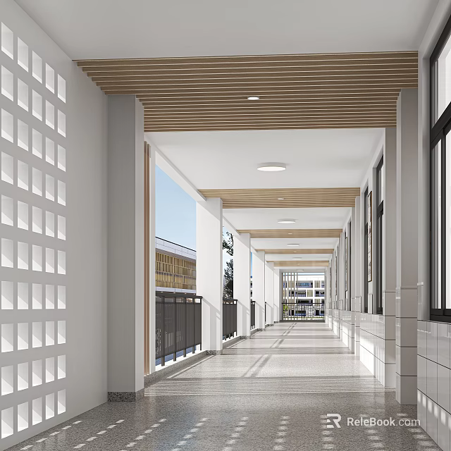 Modern Elevator Hallway With Wooden Ceiling White Perforated Walls And Natural Light 3d model 