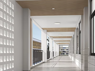 Modern Elevator Hallway With Wooden Ceiling White Perforated Walls And Natural Light 3d model