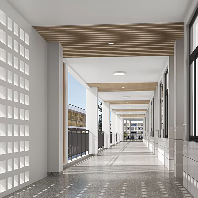 Modern Elevator Hallway With Wooden Ceiling White Perforated Walls And Natural Light 3d model