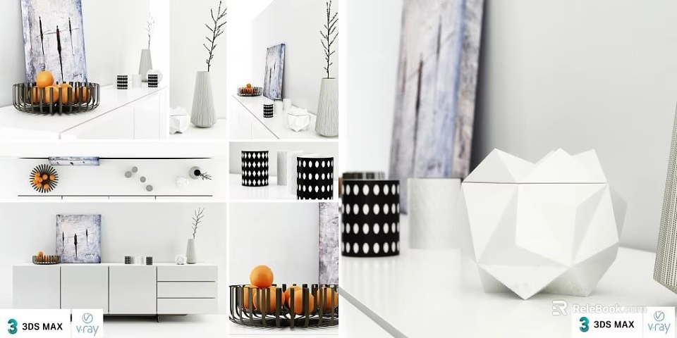 Modern White Entryway Cabinet And Side Cabinet With Minimalist Design And Decorative Vases 3d model 