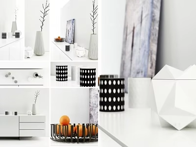 Modern White Entryway Cabinet And Side Cabinet With Minimalist Design And Decorative Vases 3d model