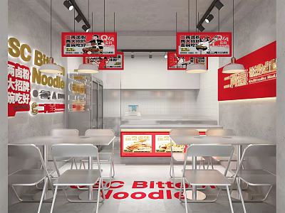 SG Bitter Noodle Mall Shop With Red Signage White Tables And Menu Displays 3d model