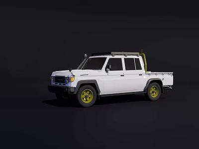 White Double Cab Pickup Truck With Yellow Wheels And Roof Rack 3d model