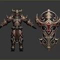 Intricate Horned Armor And Decorative Shield Design With Gold Red Accents And Ornate Patterns