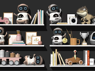 Toy Collection on Shelves with Robots Dinosaur Blocks Books Camera and Trophy 3d model