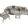Light Gray L Sofa and White Round Coffee Table Set with Cushions Blanket Dried Plants