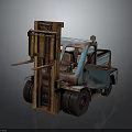 Rusty Blue Vintage Forklift With Metal Forks Large Wheels And Old Cab