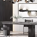 Modern Dining Table Set With Black Chairs Geometric Chandelier Abstract Painting And Green Plant