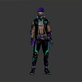 Edgy Cyberpunk Character With Purple Hair Bandana Black Leather Jacket Neon Green Purple Details