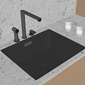 Black Kitchen Sink With Quartz Countertop Silver Faucet Glass Cups Wooden Cabinets